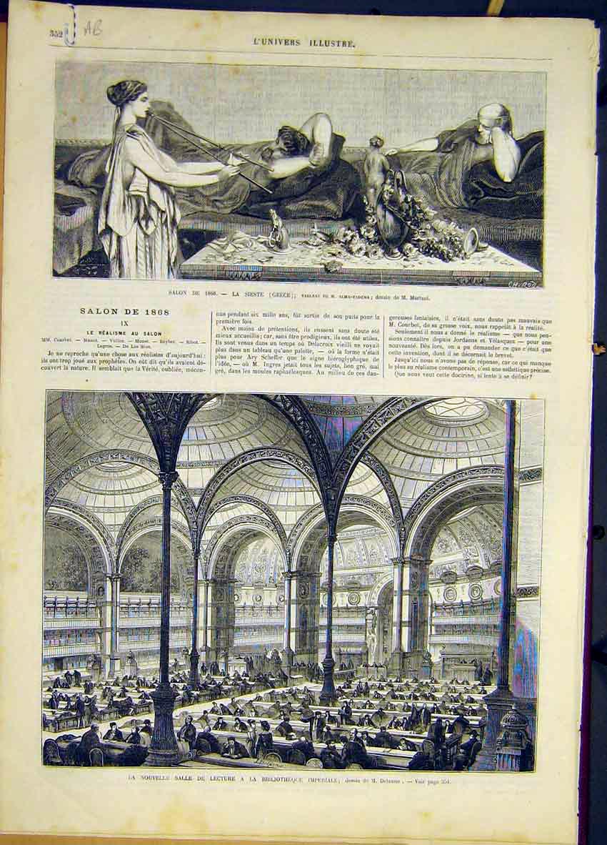 Original Old Antique Print Sieste Greece Library Fontainebleau French 1868 19th