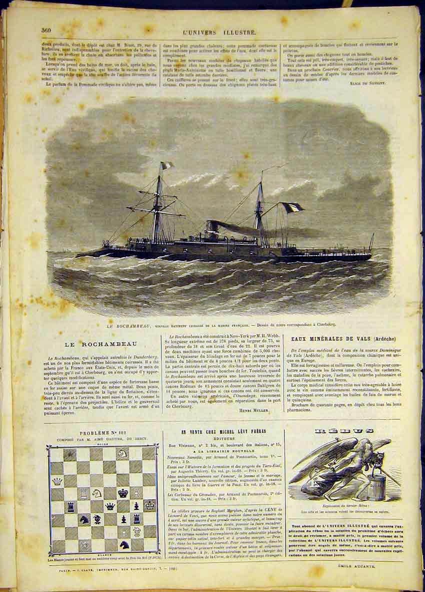Original Old Antique Print Ship Rochambeau France Navy French 1868 Victorian