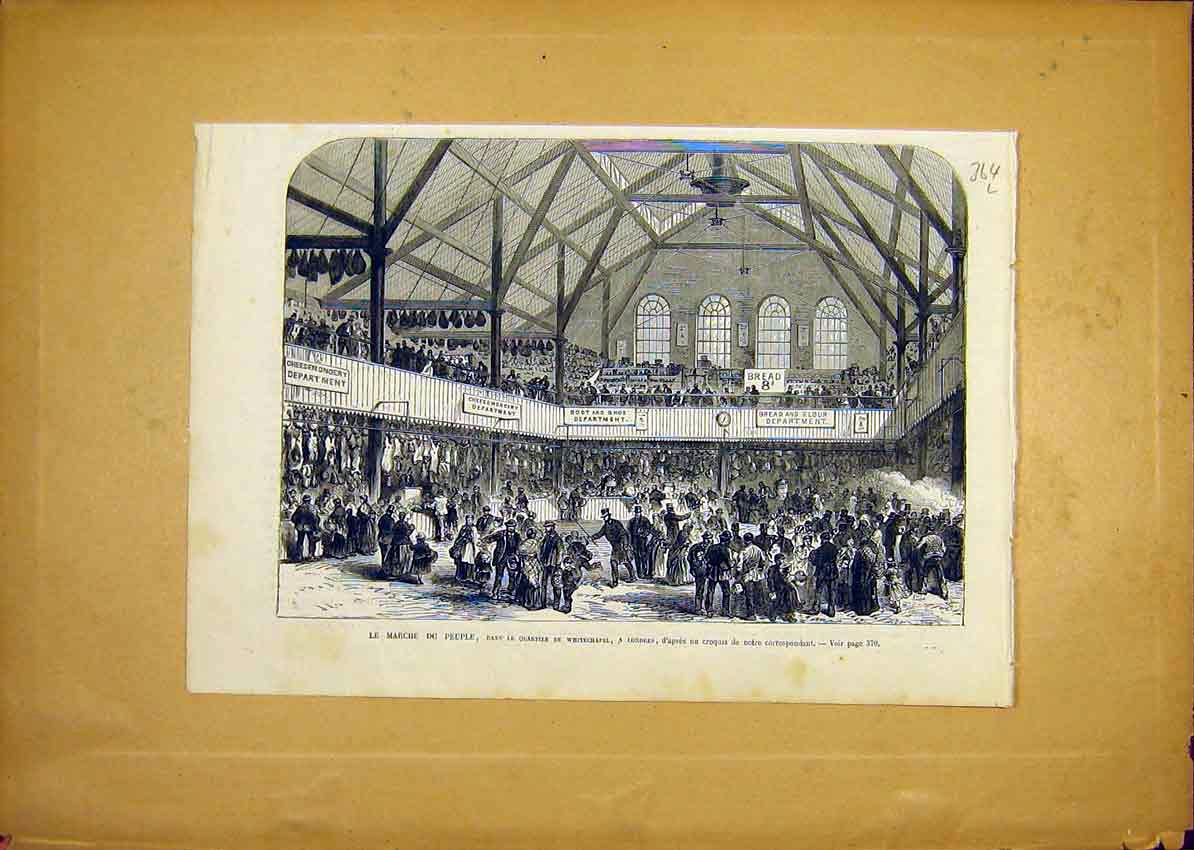 Original Old Antique Print Market People Whitechaple London French 1868 19th