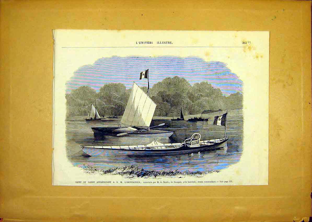 Original Old Antique Print Boat Canoe Lambeth Empress French 1868 Victorian