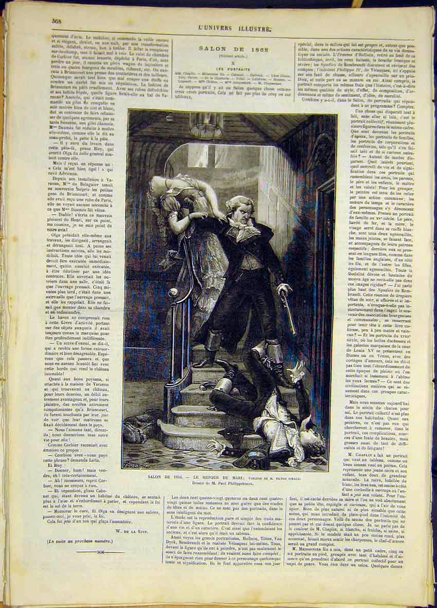 Original Old Antique Print Retour Du Mari Fine Art Giraud French 1868 Victorian