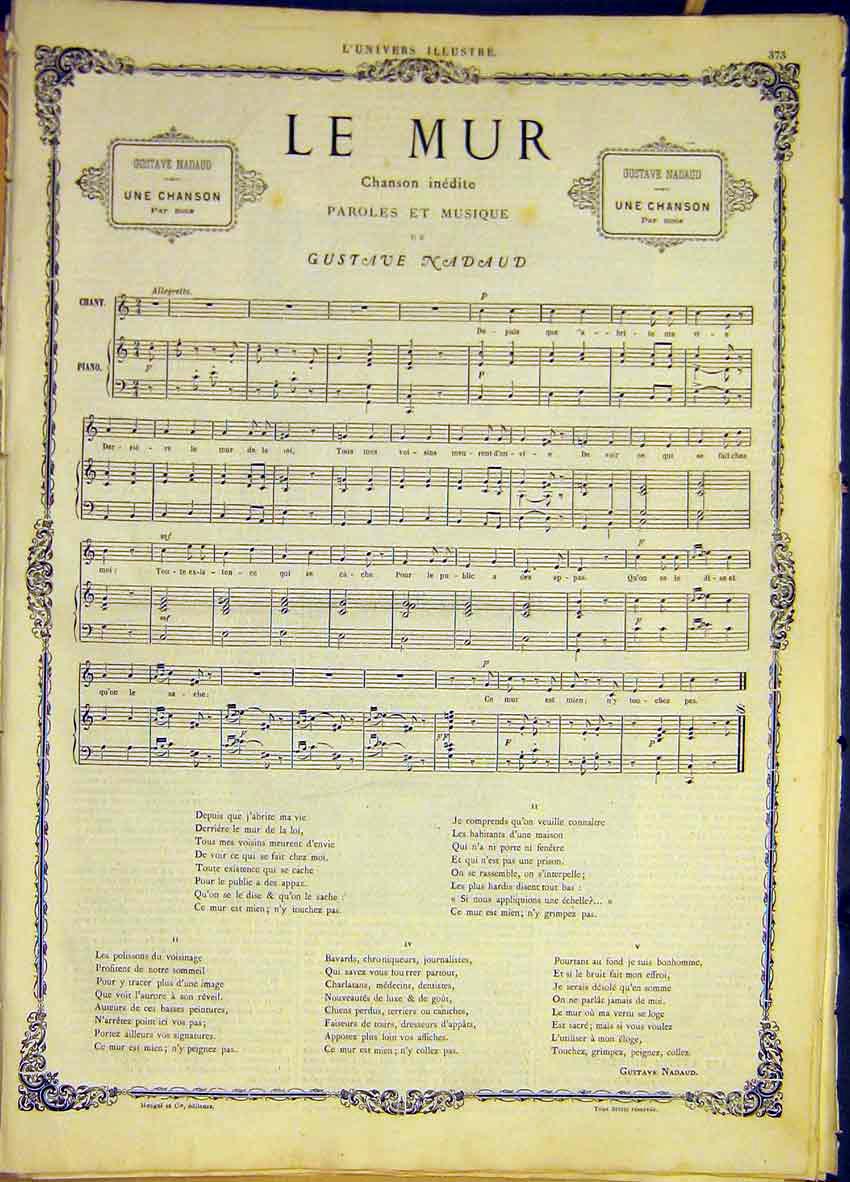 Original Old Antique Print Le Muir Song Nadaud Music Score French 1868 Victorian