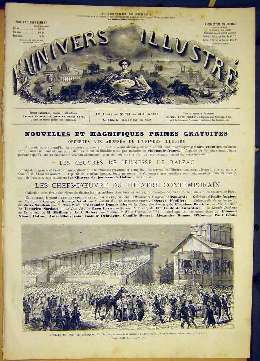Original Old Antique Print Race Course Boulogne Earl Hastings French 1868 19th