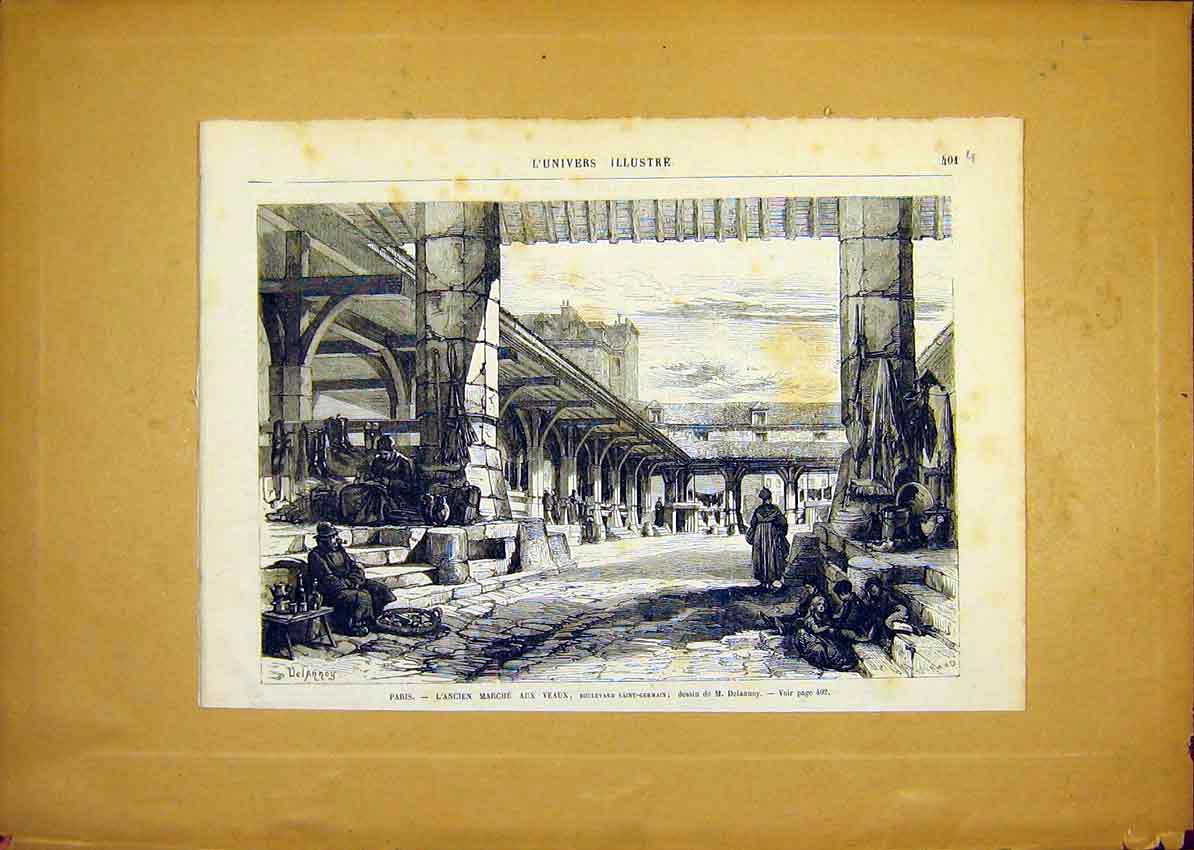 Original Old Antique Print Paris Market Veaux Saint-Germain French 1868 19th