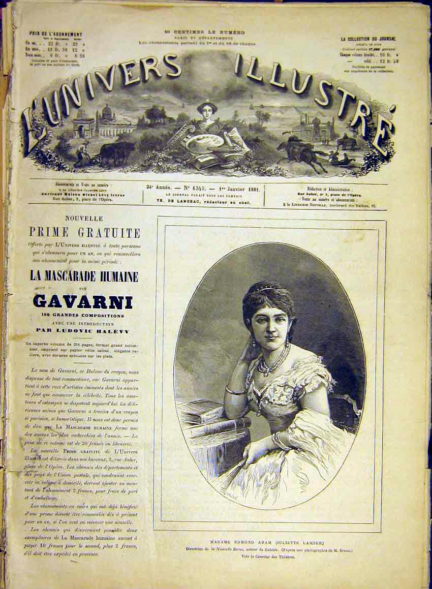 Original Old Antique Print Portrait Edmond Adam Lamber Author Galatee 1881 19th