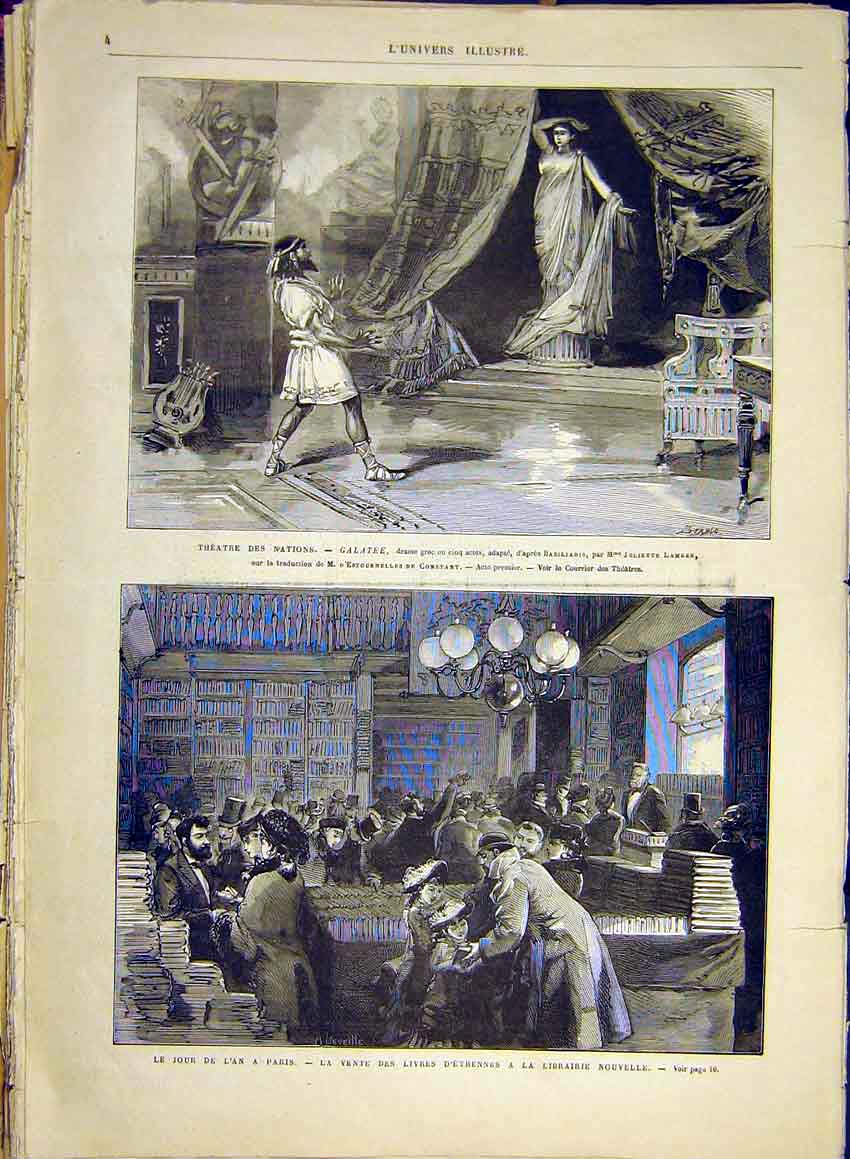 Original Old Antique Print Theatre Galatee Lamber Scene Paris Library 1881 19th