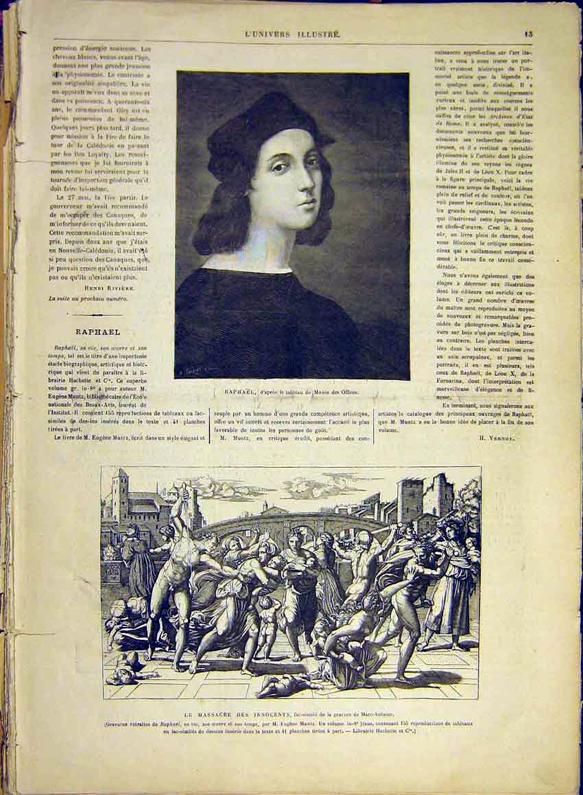 Original Old Antique Print Raphael Portrait Massacre Innocents Fine Art 1881