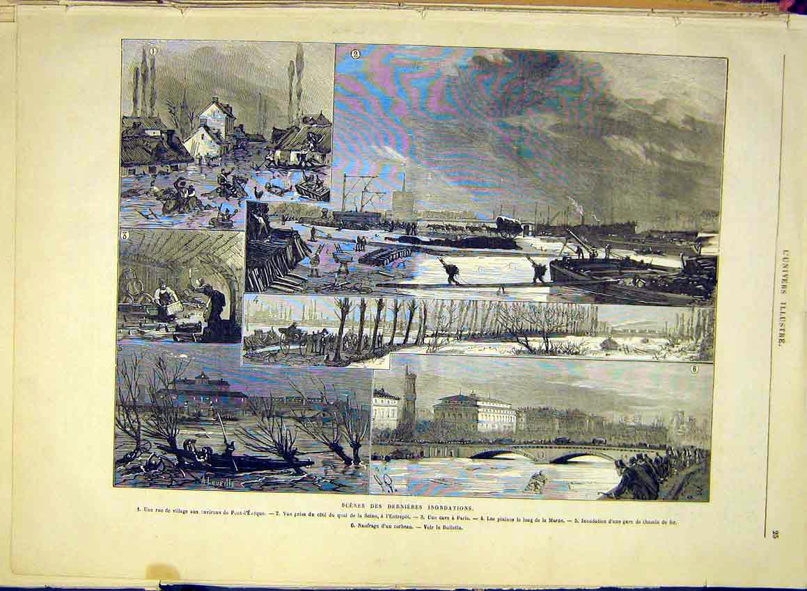 Original Old Antique Print Flood Paris France Marne Railway Seine 1881 Victorian