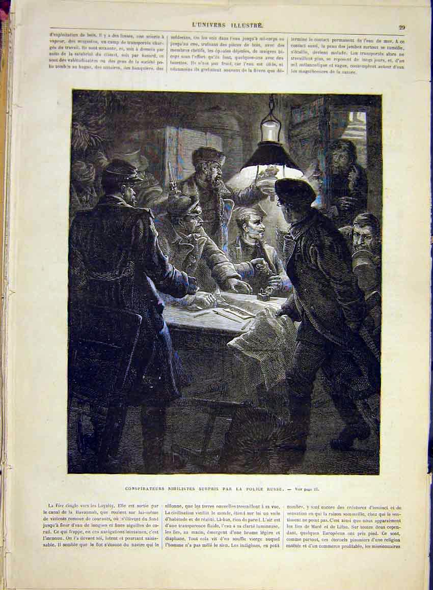 Original Old Antique Print Conspirators Nihilist Russian Police French 1881 19th
