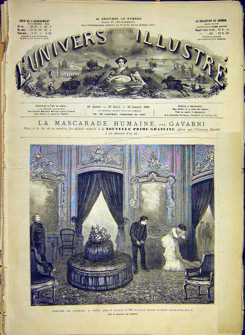 Original Old Antique Print Odeon Theatre Jack Daudet Lafontaine Scene 1881 19th