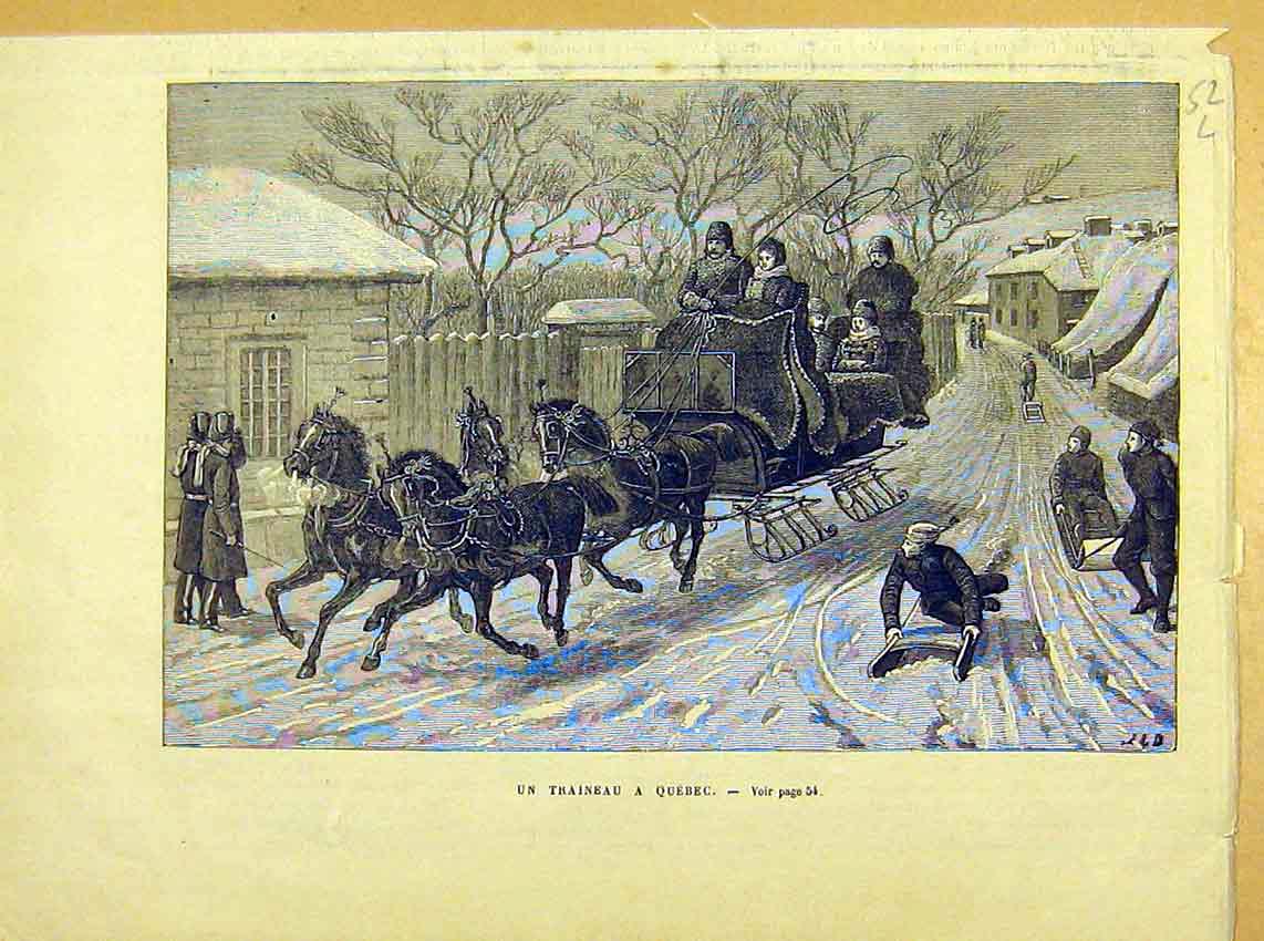 Original Old Antique Print Quebec Canada Traineau Horse Sleigh French 1881 19th