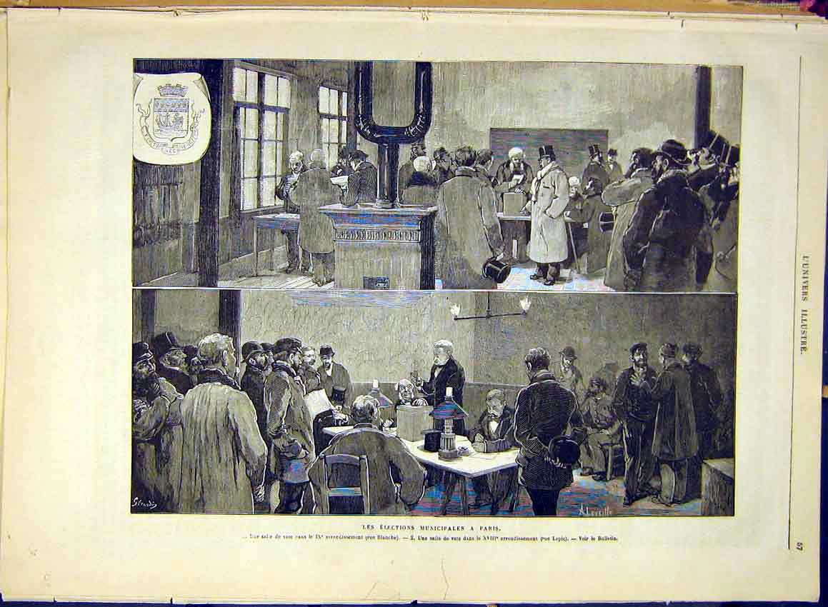 Original Old Antique Print Elections Municipal Paris France French 1881 19th