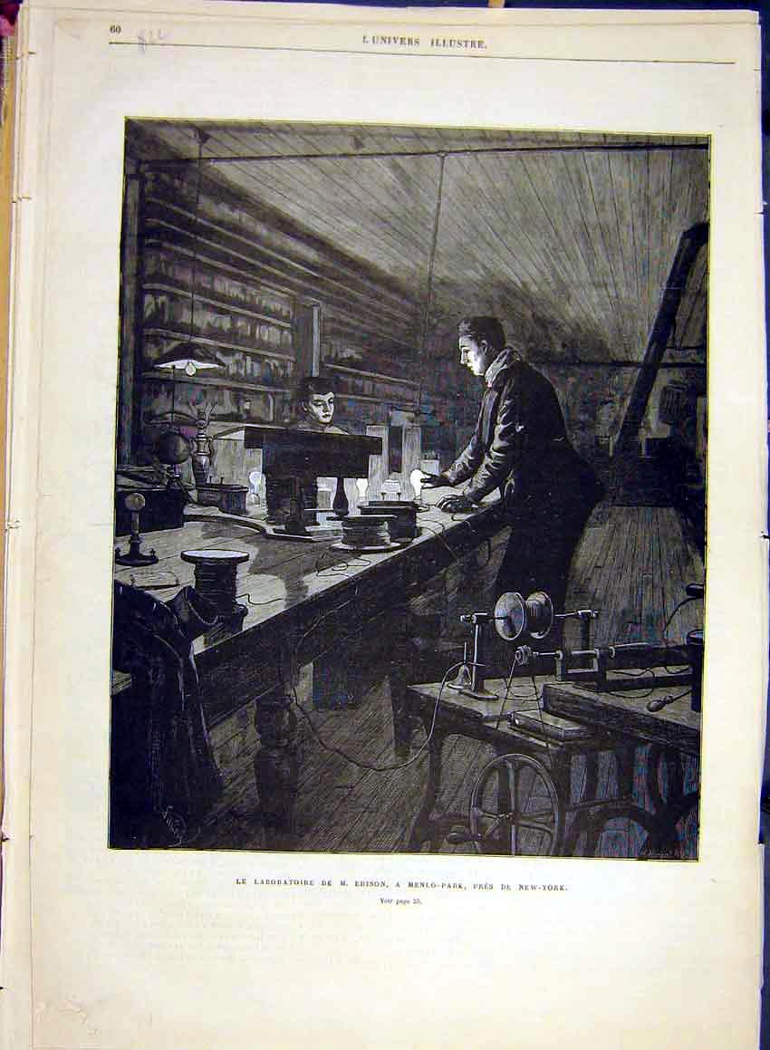 Original Old Antique Print Laboratory Edison Menlo-Park New-York America 1881