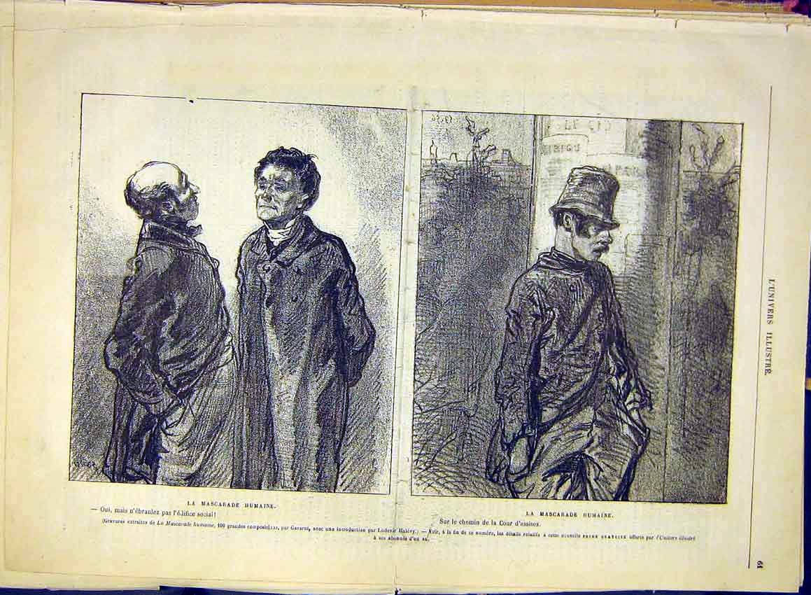 Original Old Antique Print Skecthes Masquerade People Gavarni Illustrations 1881