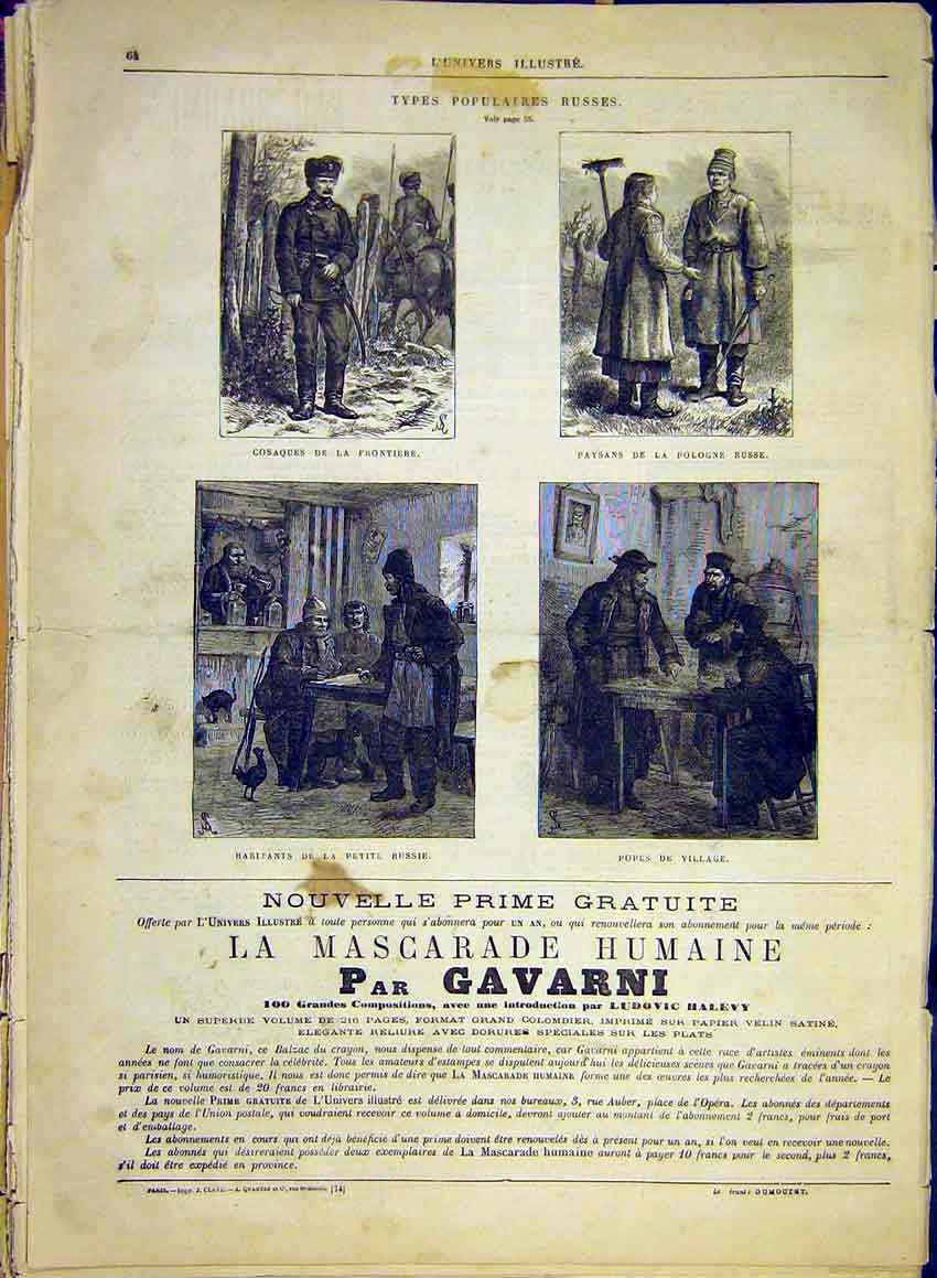 Original Old Antique Print Russia Cossacks Peasants People Costume 1881 19th