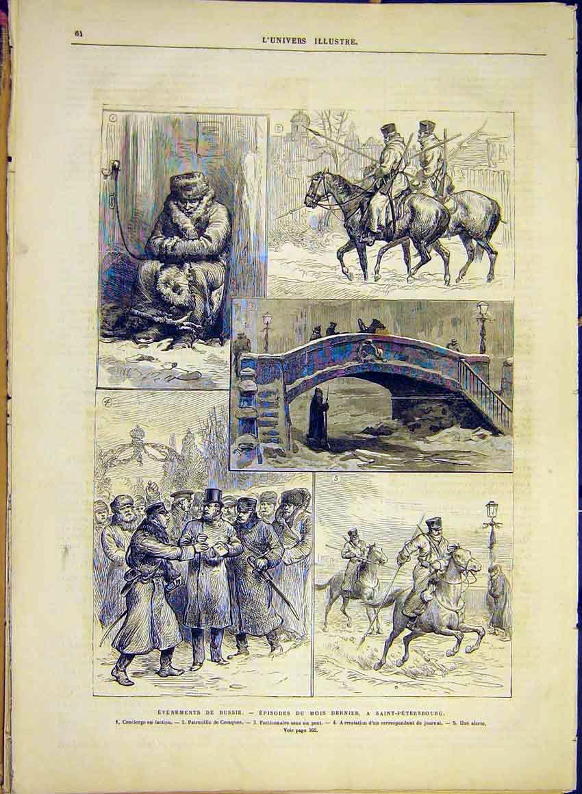 Original Old Antique Print Russia Saint-Petersburg Cossacks War Unrest 1881 19th