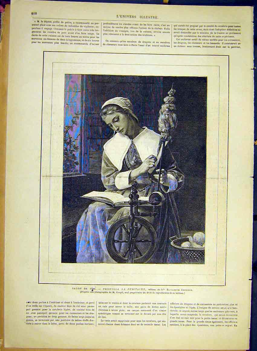 Original Old Antique Print Priseilla Purity Portrait Lady Spinning Gardner 1881
