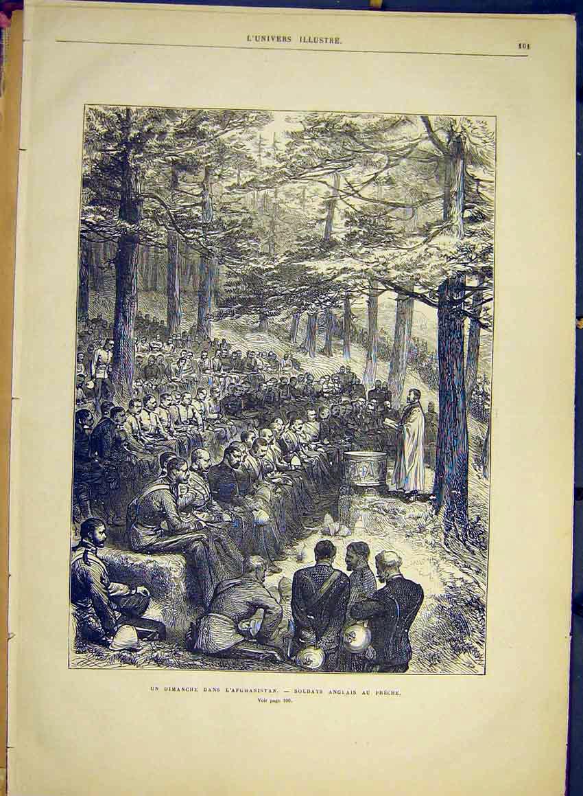 Original Old Antique Print Afghanistan Siers Service Church Preach 1881 19th