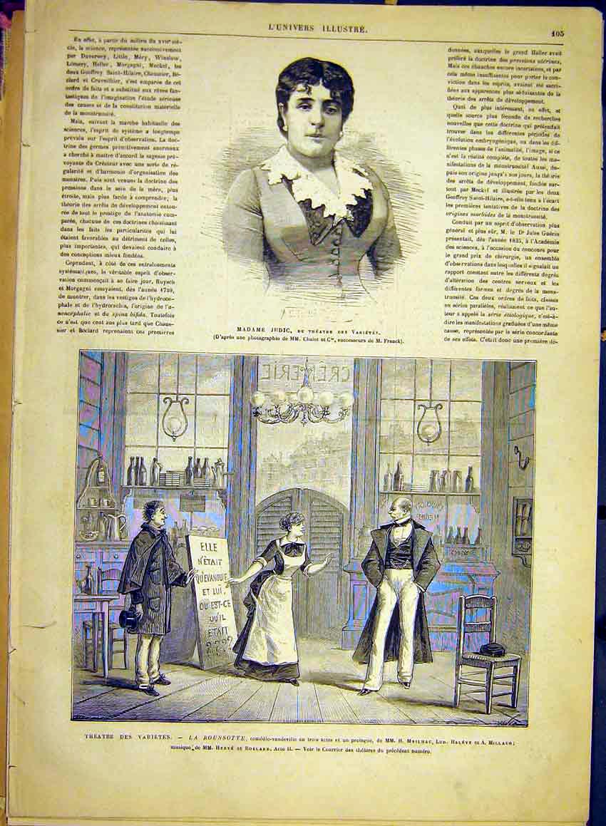 Original Old Antique Print Judic Theatre Rousotte Meilhac Halevy Millaud 1881