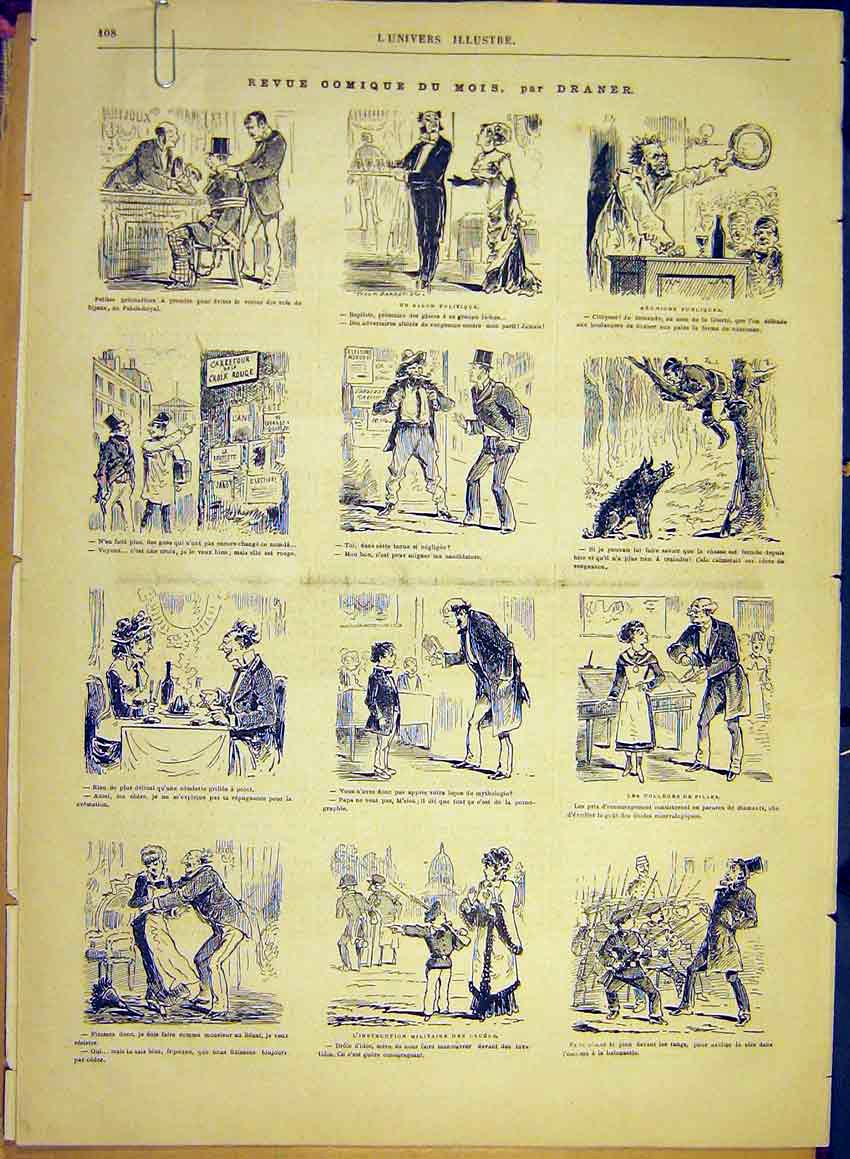 Original Old Antique Print Comic Review Restaurant Draner Sketches Waiter 1881
