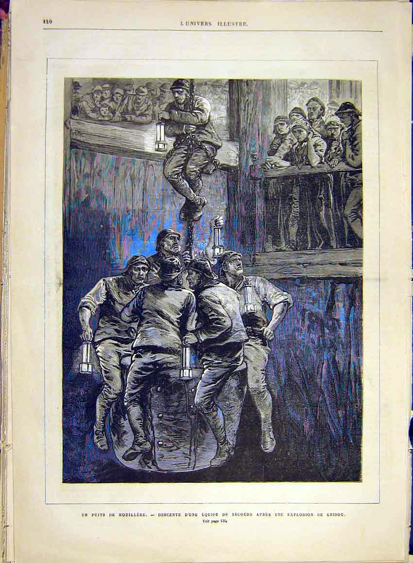 Old Antique Print Explosion Rescue Houillere Firemen Brigade Grisou 1881 19th
