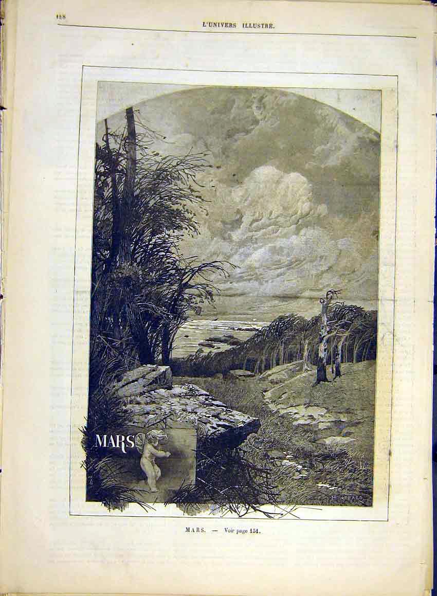 Original Old Antique Print Calendar Month March Illustration Montbard 1881 19th