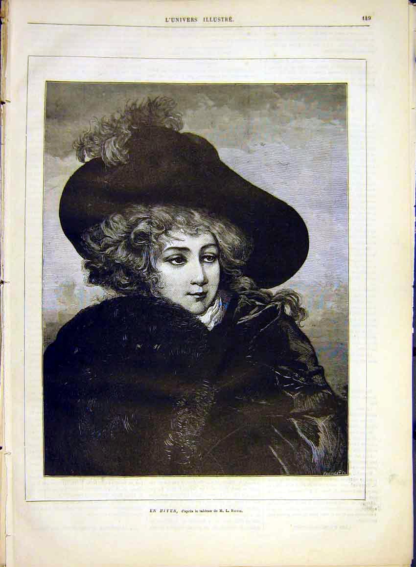 Original Old Antique Print Portrait Winter Lady Woman Rossi French 1881 19th