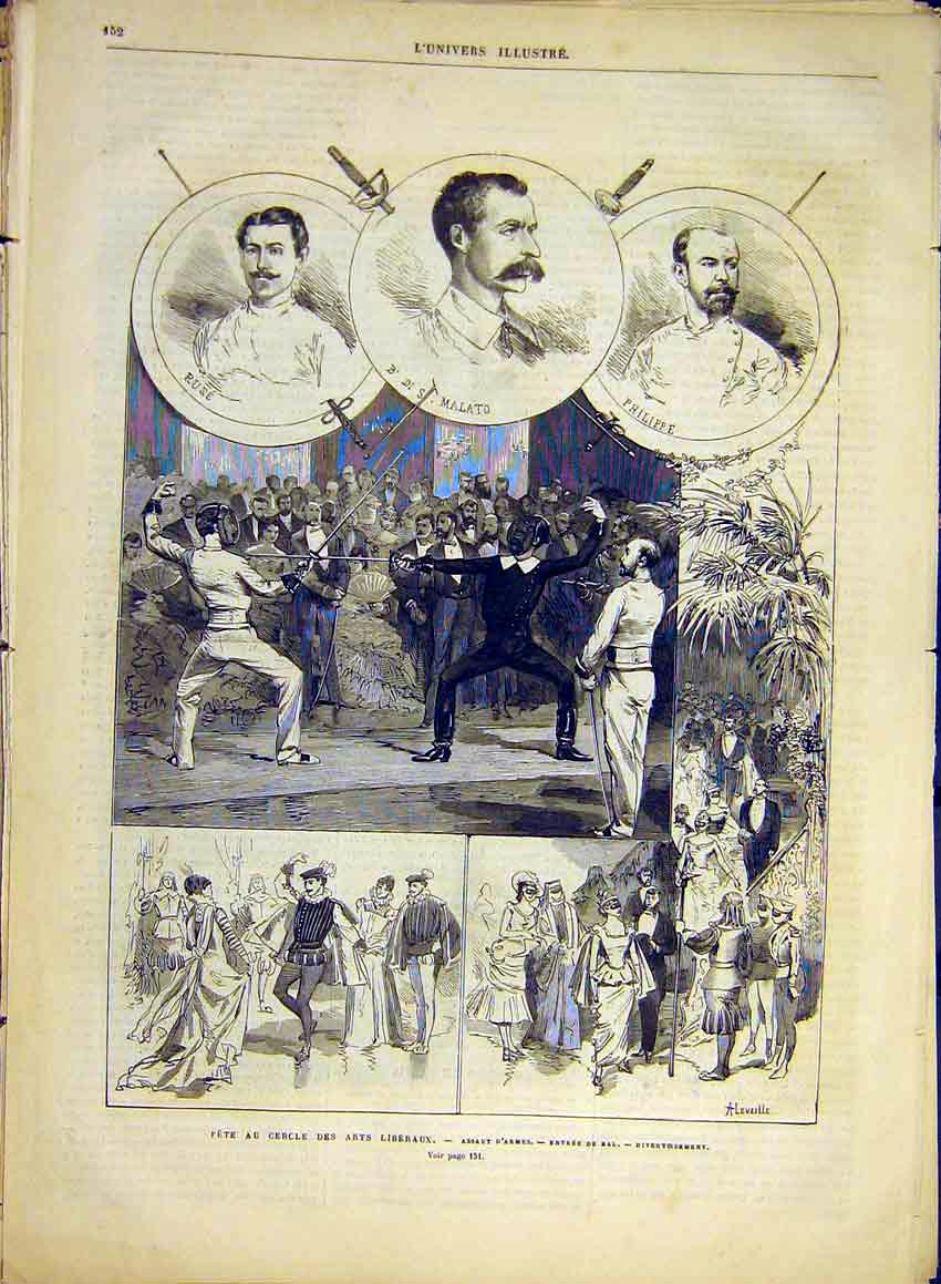 Original Old Antique Print Fete Freedom Arts Circle Malato Philippe Ruse 1881