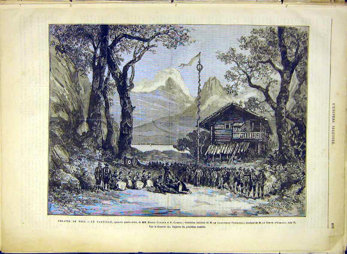 Original Old Antique Print Nice Theatre Partisan Scene Uchard Cabrol 1881 19th