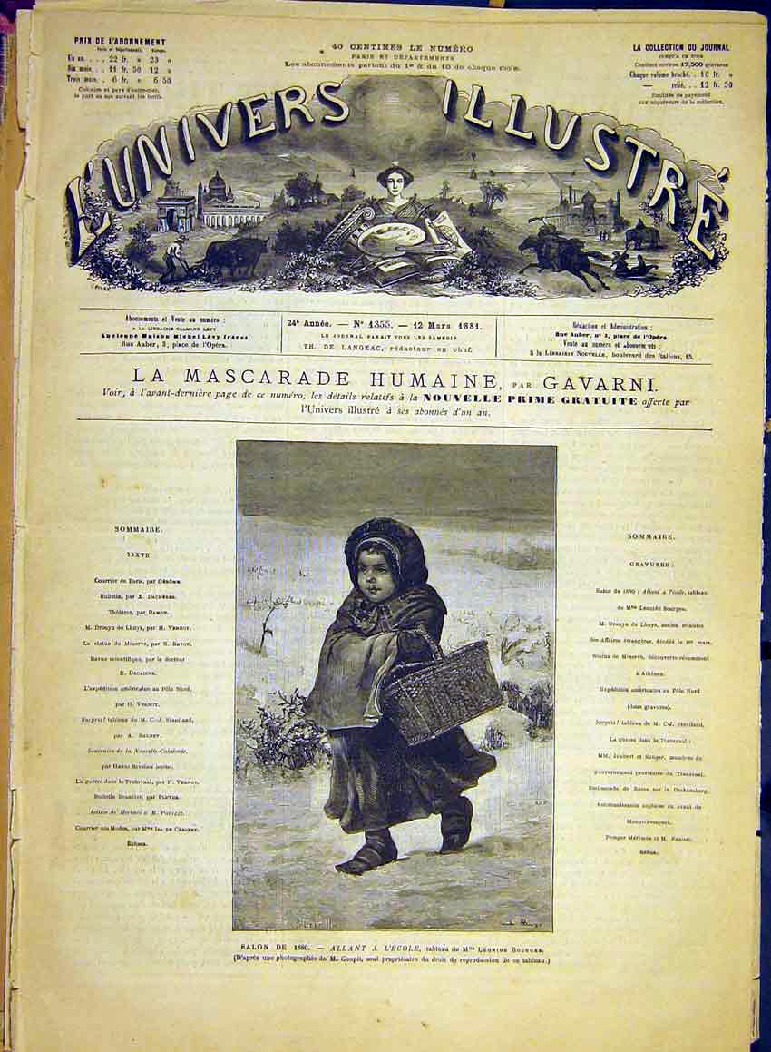 Original Old Antique Print Child School Girl Bourges Fine Art French 1881 19th