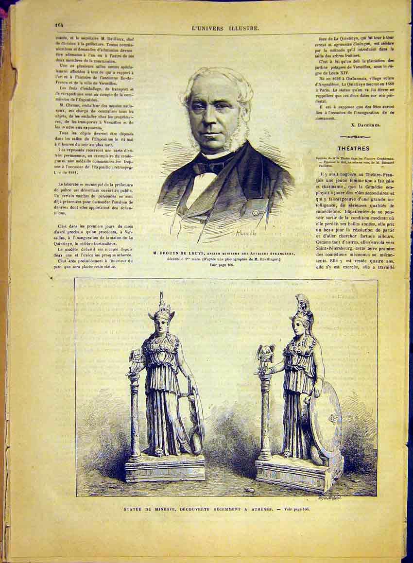 Original Old Antique Print Portrait Lhuys Statue Minerve Athens French 1881 19th