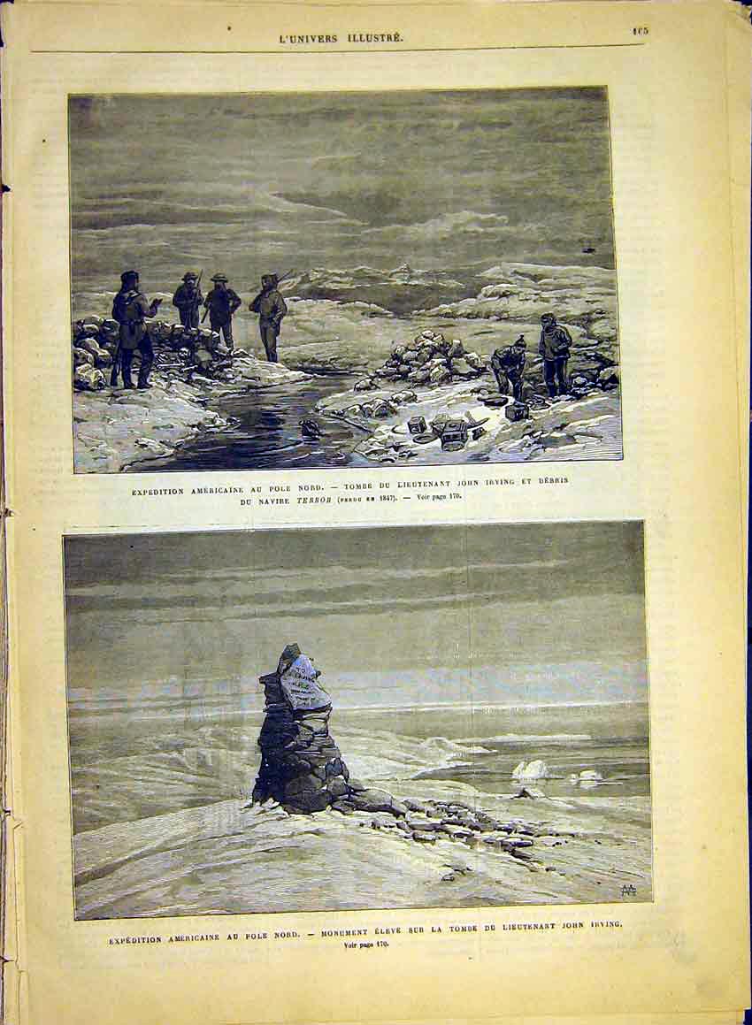 Original Old Antique Print North-Pole Expedition Irving American Monument 1881