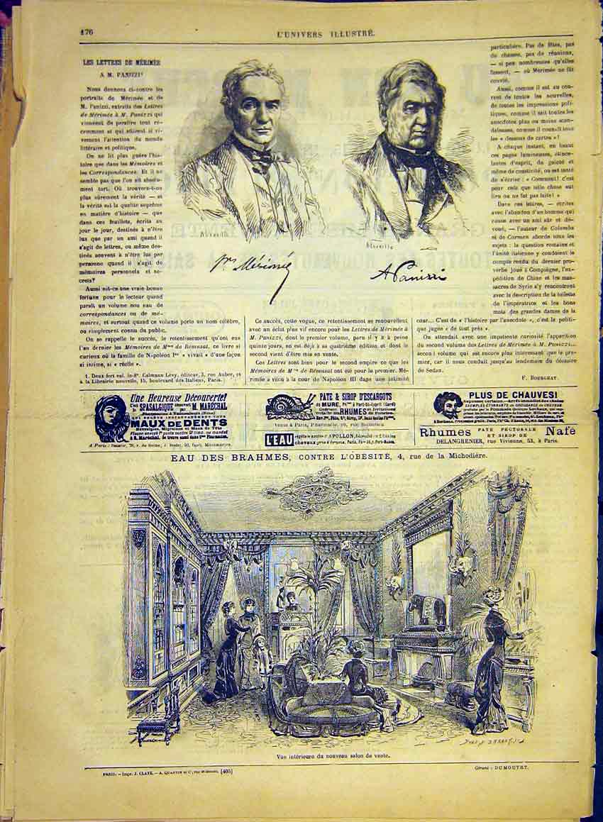 Original Old Antique Print Portrait Merimee Panizzi Letters Brahmes 1881 19th