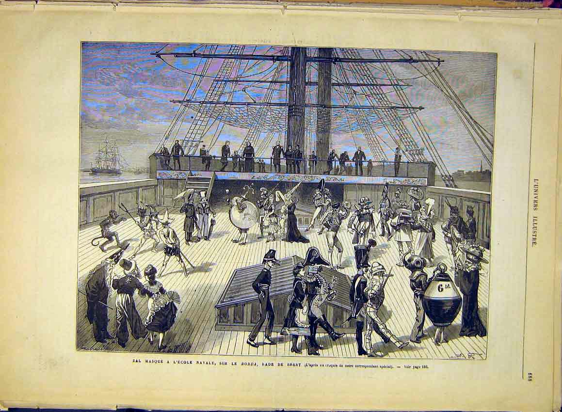 Original Old Antique Print Masked Ball Naval School Borda Ship Navy 1881 19th