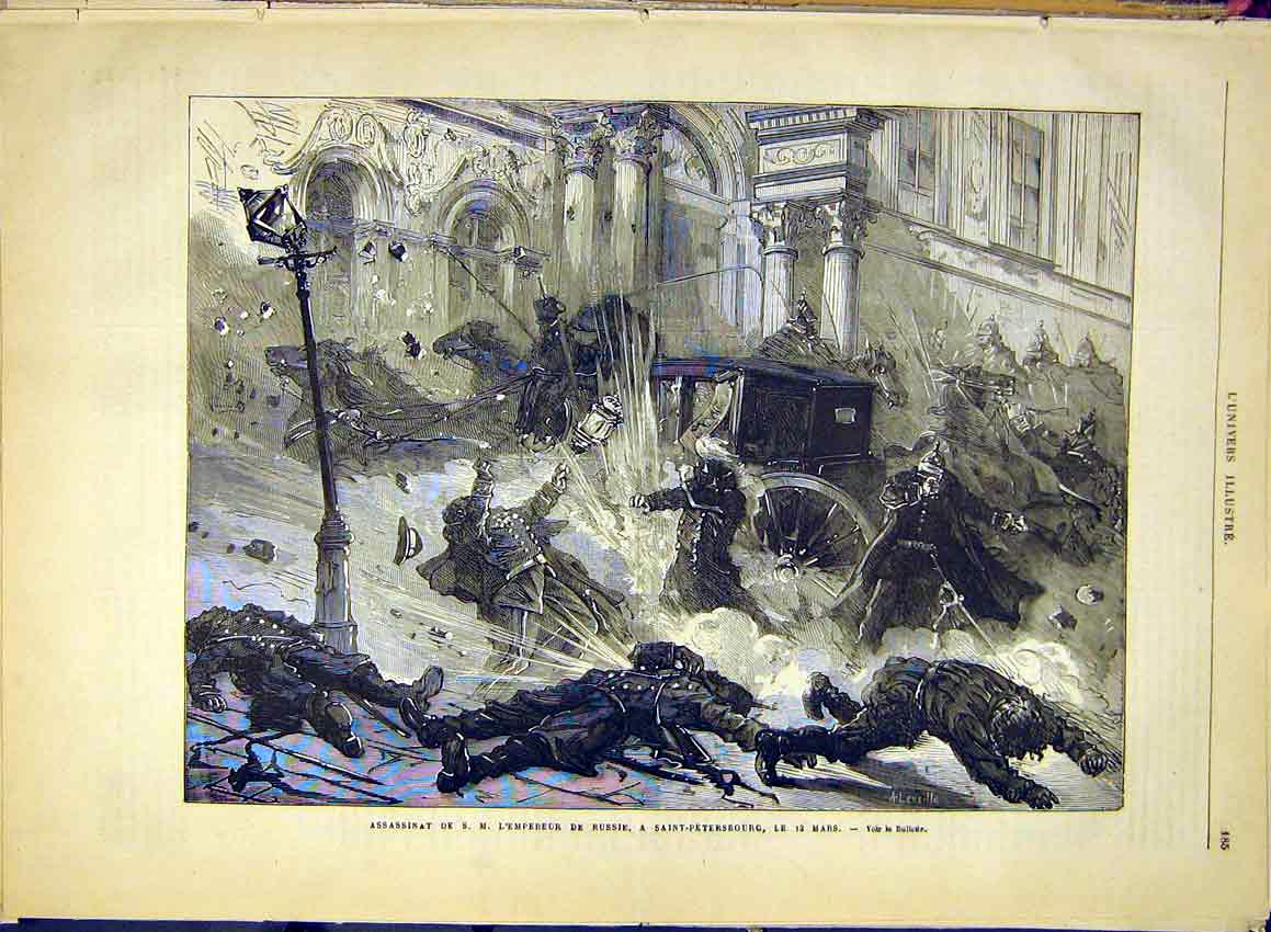 Original Old Antique Print Emperor Russia Saint-Petersburg Assasination 1881
