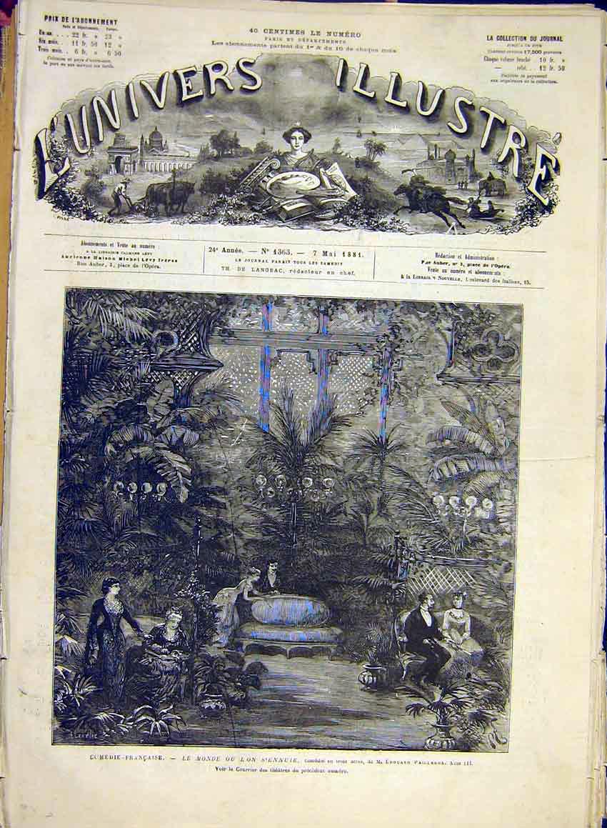 Original Old Antique Print French Comedy Theatre Pailleron Scene French 1881