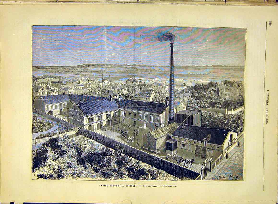 Original Old Antique Print Asnieres Factory Bravais Mineral Water Spring 1881