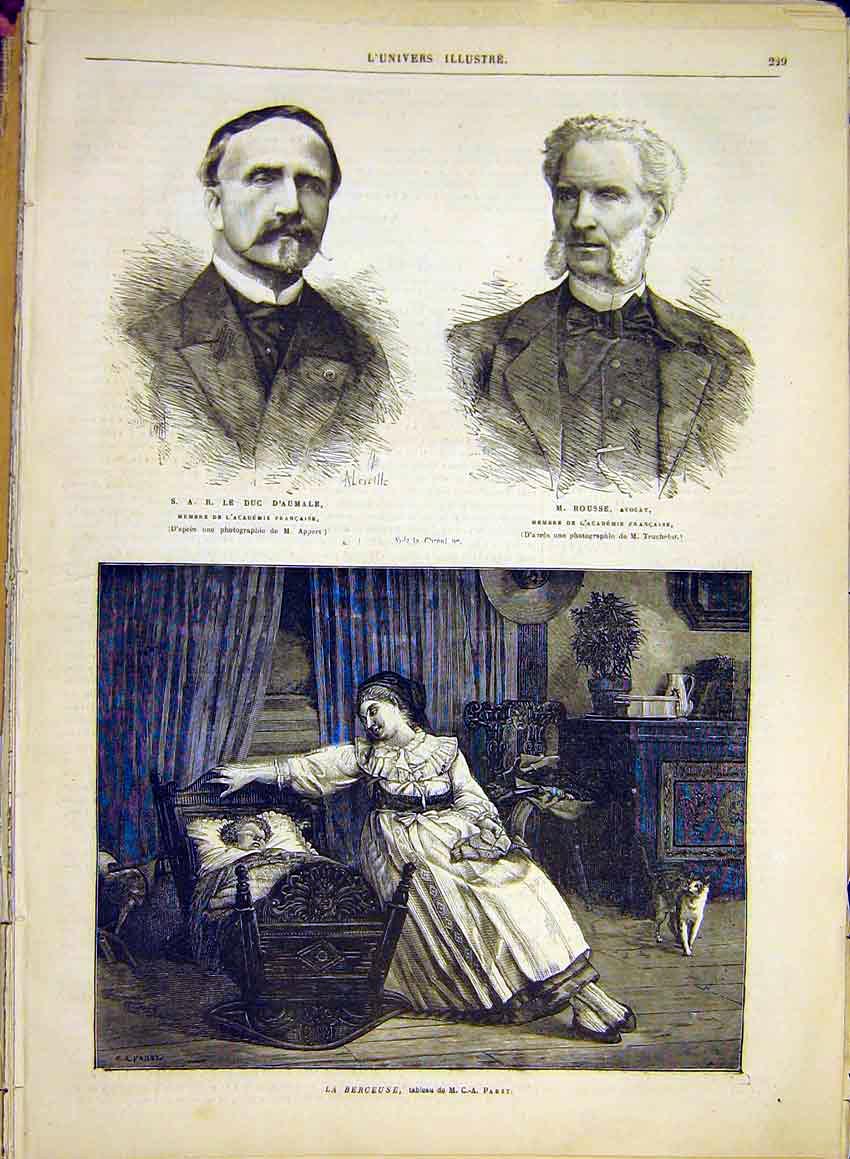 Original Old Antique Print Portrait D'Aumale Rousse Baby Berceuse 1881 Victorian
