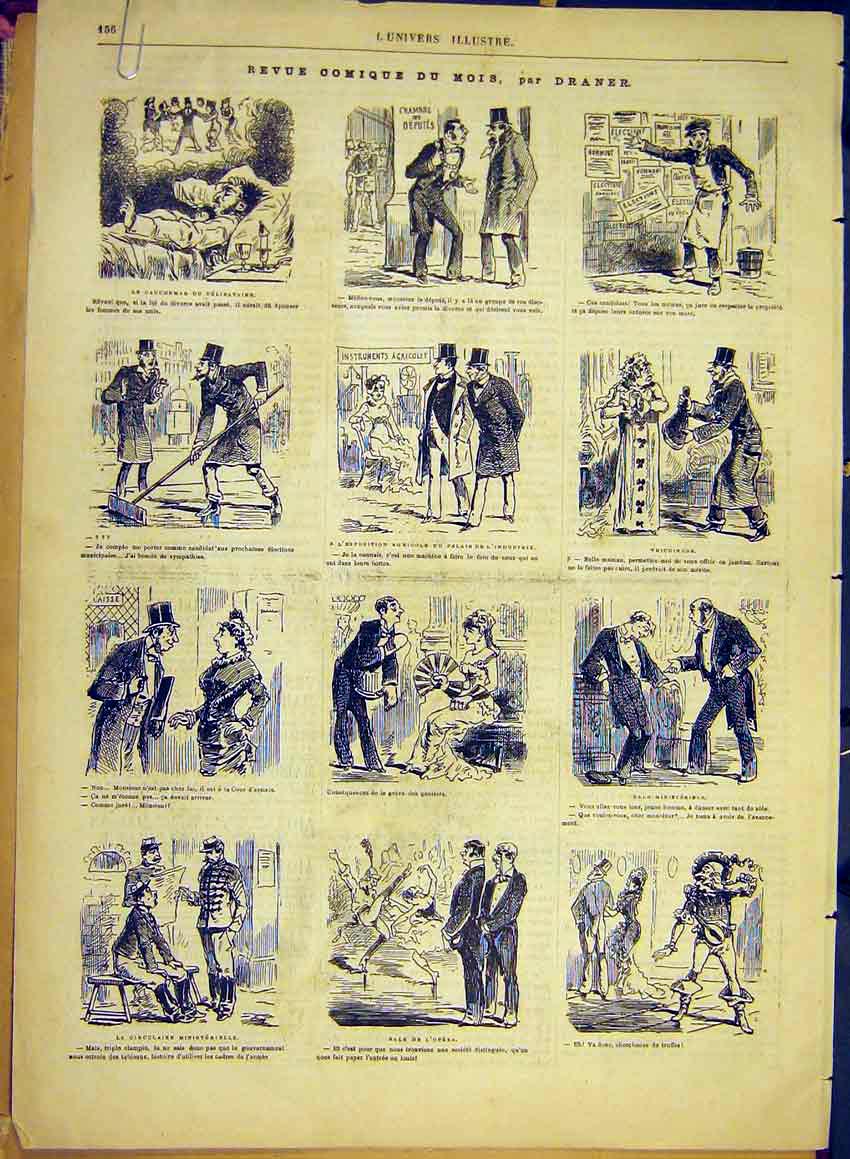 Original Old Antique Print Draner Sketches Comic Review Porter Waiter 1881 19th