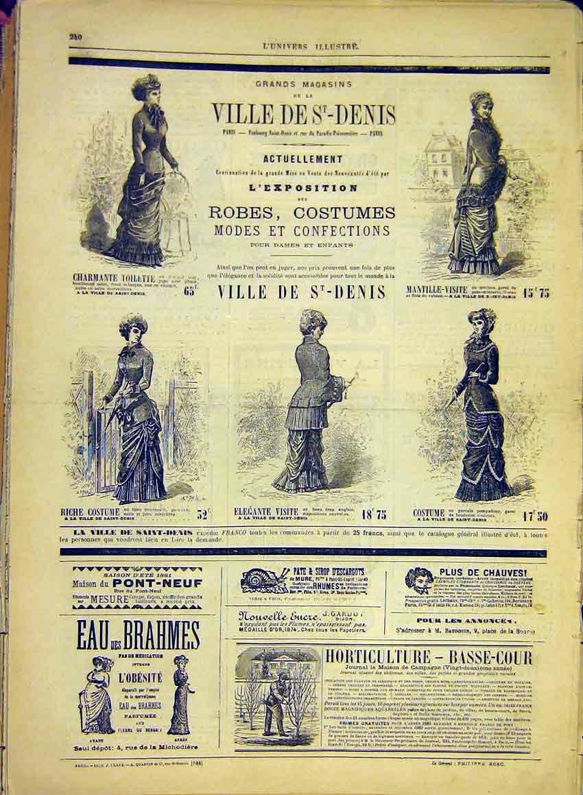 Original Old Antique Print Fashion Ladies Costume Dresses Paris France 1881 19th