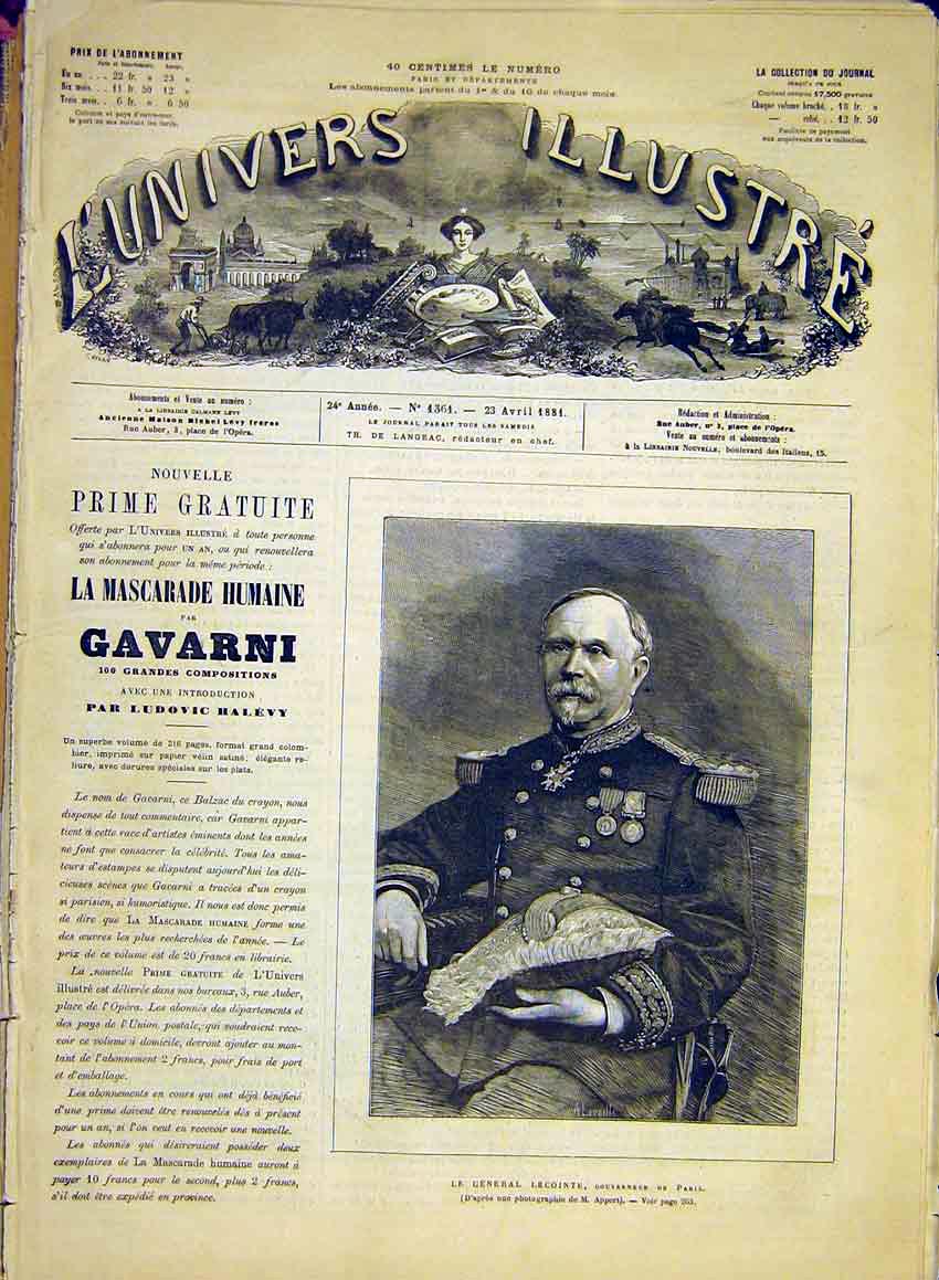 Original Old Antique Print Portrait General Lecointe Governor Paris 1881 19th