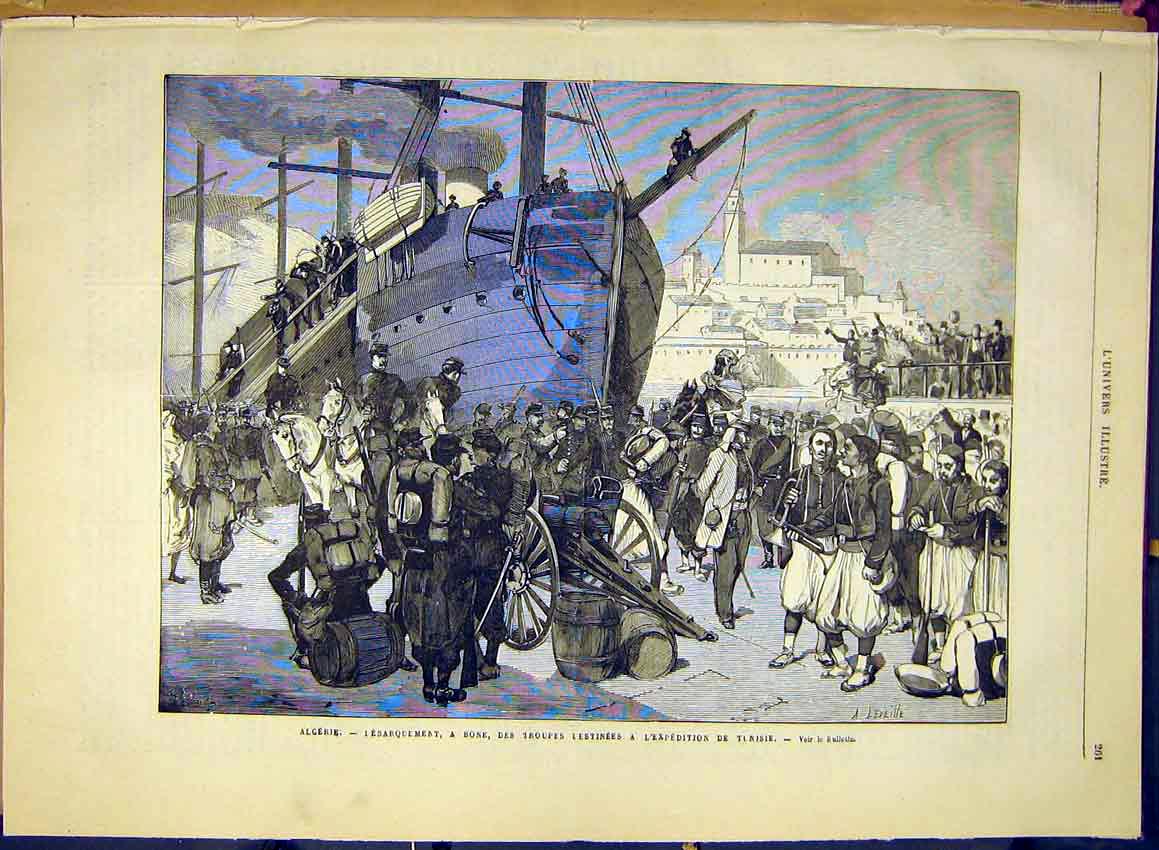 Original Old Antique Print Algeria Bone Troops Expedition Tunisia 1881 Victorian