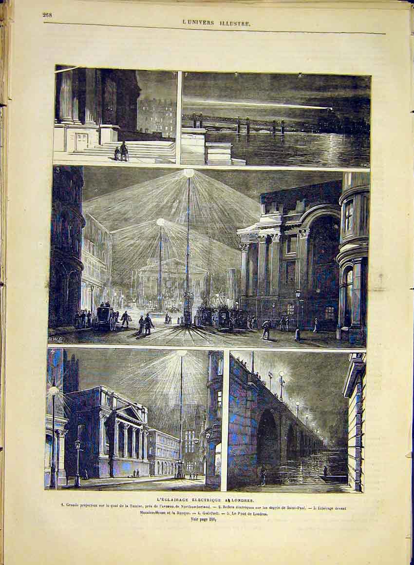 Old Antique Print Electricity London Electric Light Thames Guildhall 1881 19th