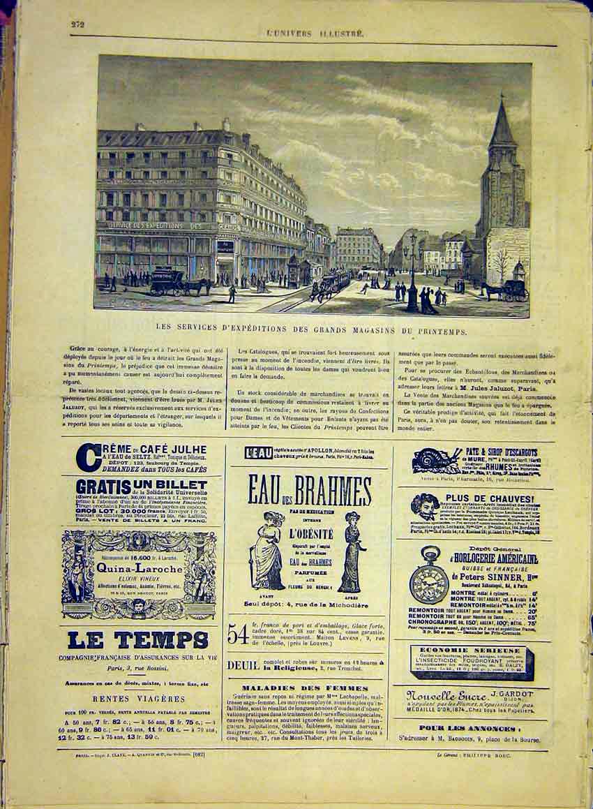 Original Old Antique Print Emps Shop Building Paris France French 1881 Victorian