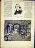 Old Antique Print Portrait Disraeli Library Hughenden Beaconsfield 1881 19th