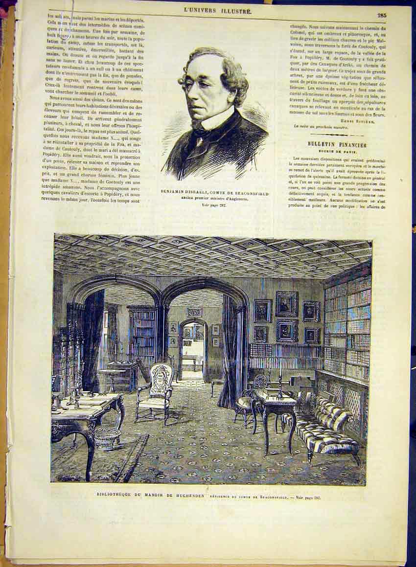 Old Antique Print Portrait Disraeli Library Hughenden Beaconsfield 1881 19th