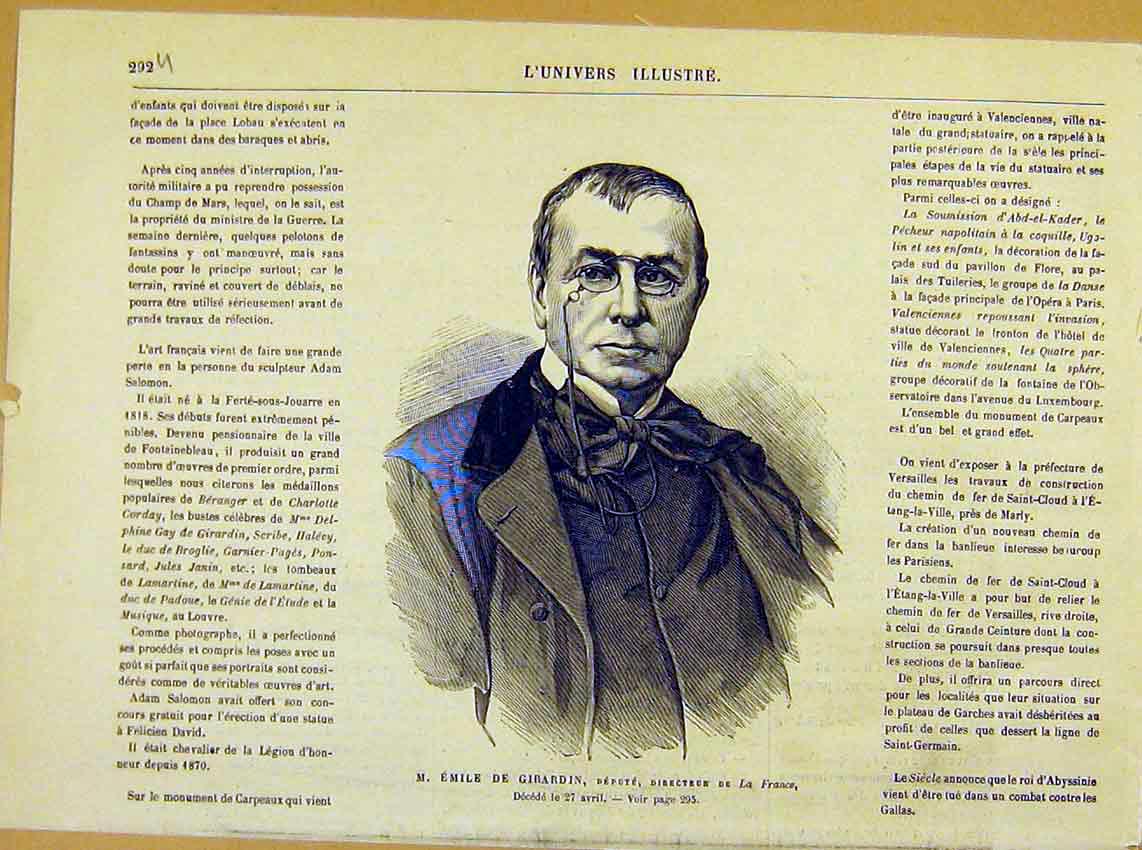 Original Old Antique Print Portrait Emile Girardin Director La-France 1881 19th