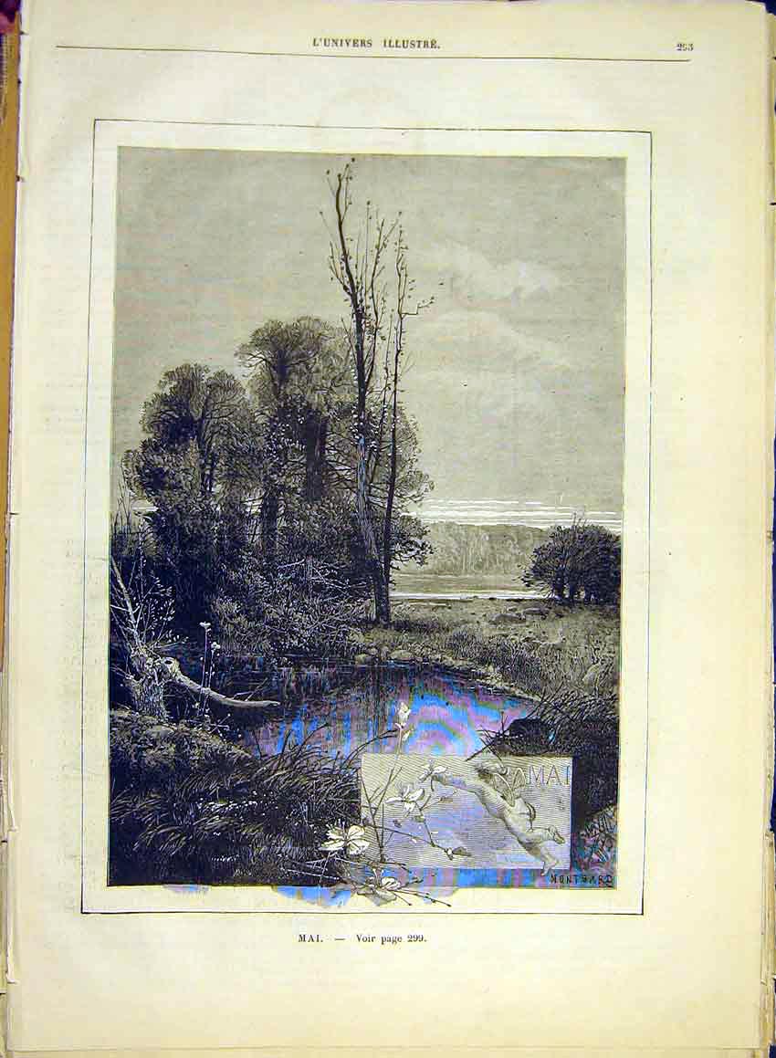 Original Old Antique Print May Sketch Calendar Montbard French 1881 Month 19th
