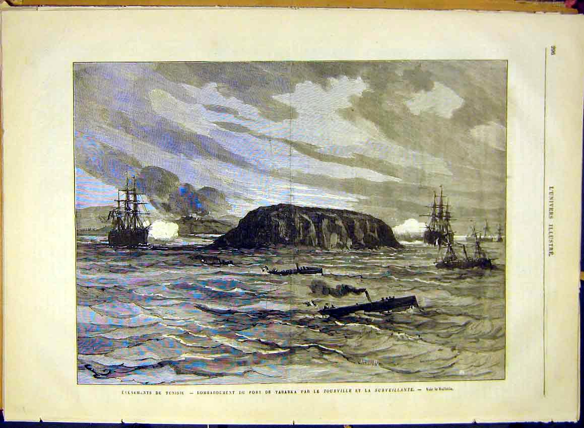 Original Old Antique Print Tunisia Tabarka Tourville Surveillante Ship 1881 19th