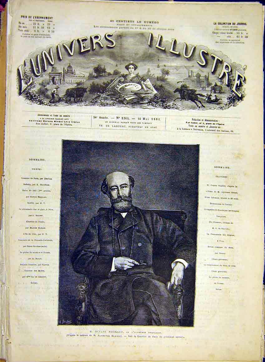 Original Old Antique Print Portrait Octave Feuillet French Academy 1881 19th